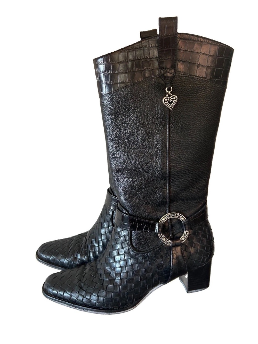 Brighton Travis Boots 6.5 M Black Woven Leather Harness Western Y2K Brazil